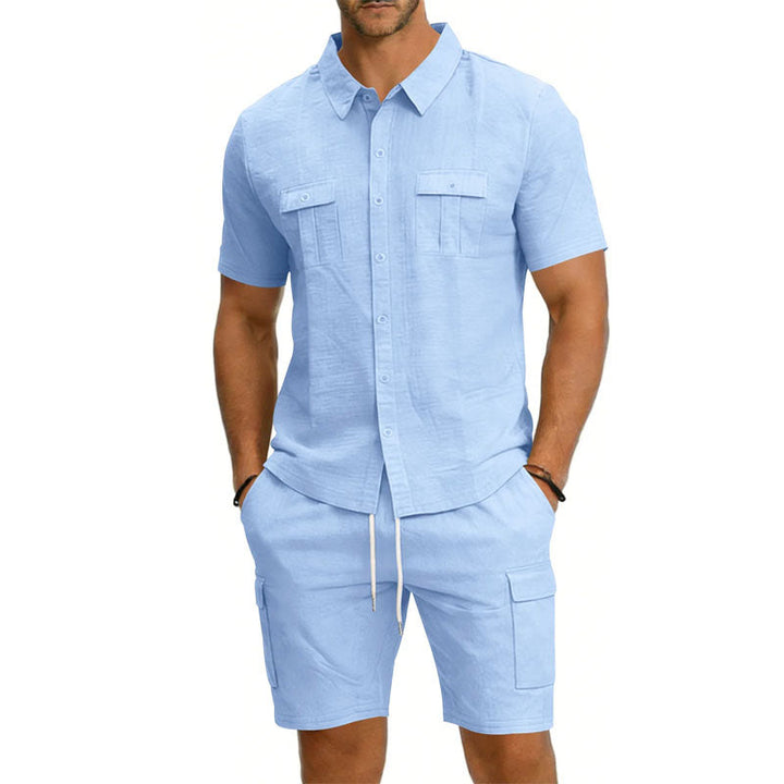 Men's Linen Short Sleeve Shirt and Shorts – Drawstring Waist Pockets