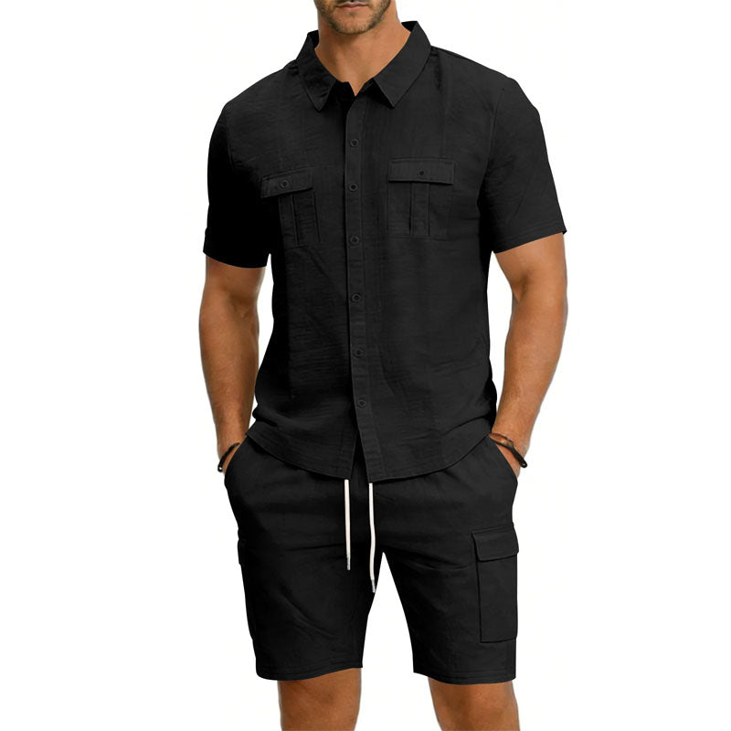 Men's Linen Short Sleeve Shirt and Shorts – Drawstring Waist Pockets