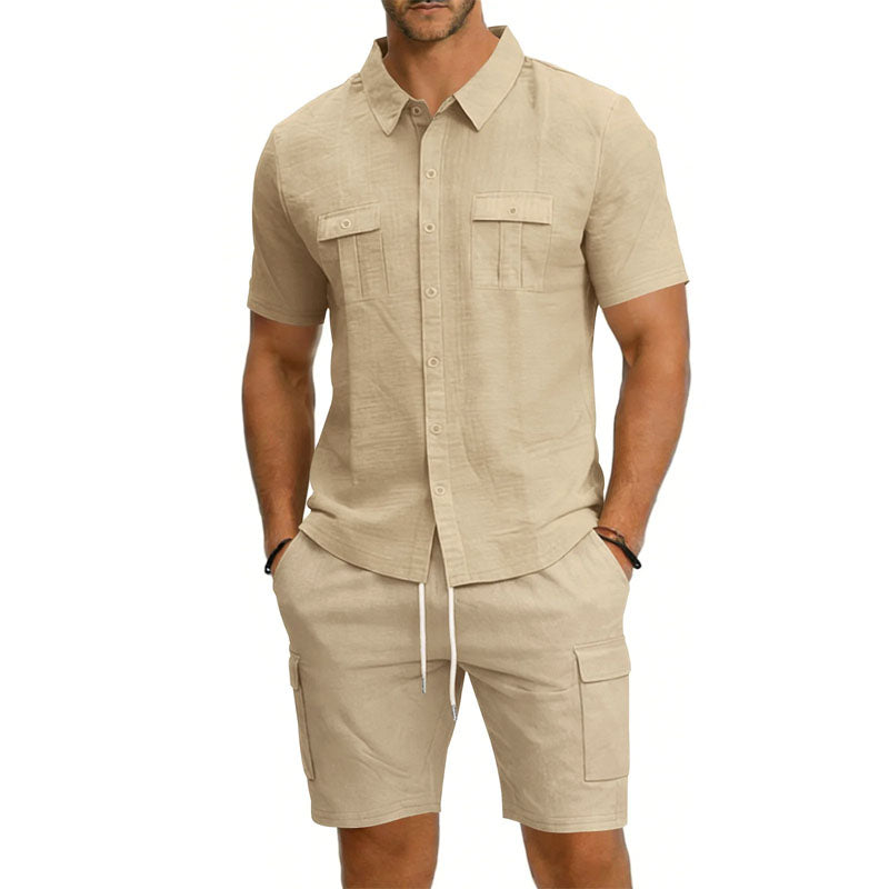 Men's Linen Short Sleeve Shirt and Shorts – Drawstring Waist Pockets