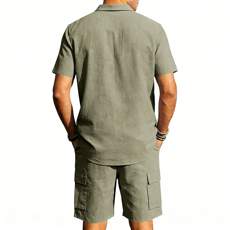Men's Linen Short Sleeve Shirt and Shorts – Drawstring Waist Pockets