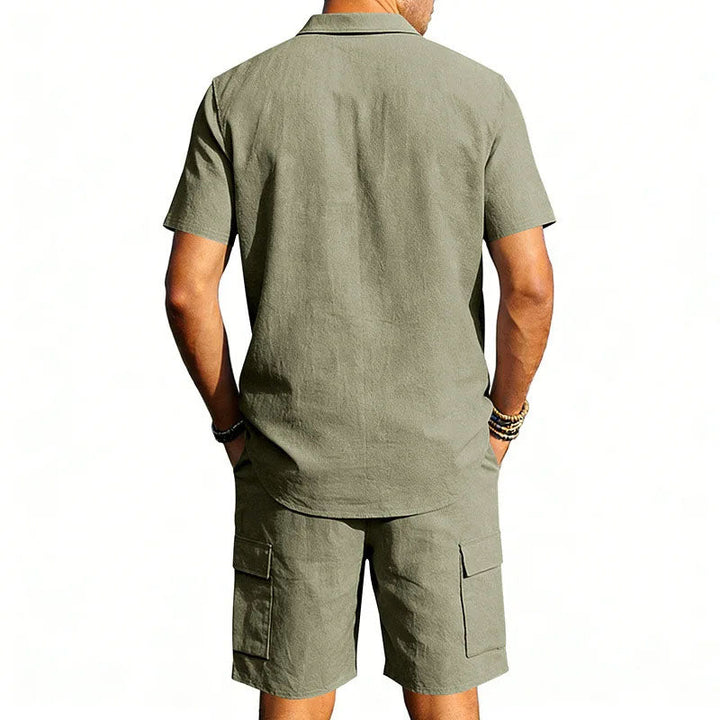 Men's Linen Short Sleeve Shirt and Shorts – Drawstring Waist Pockets