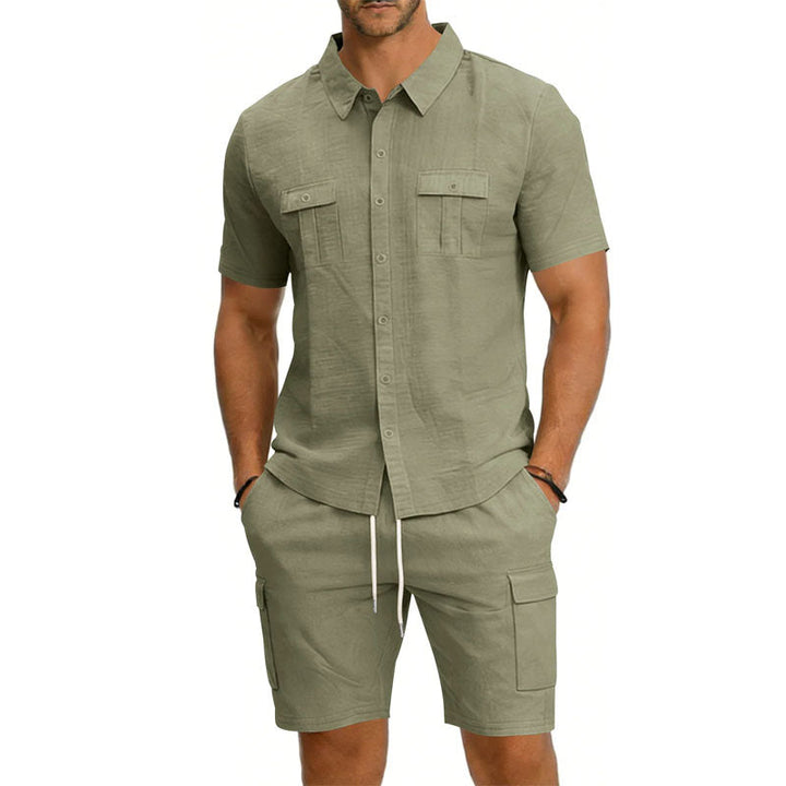 Men's Linen Short Sleeve Shirt and Shorts – Drawstring Waist Pockets