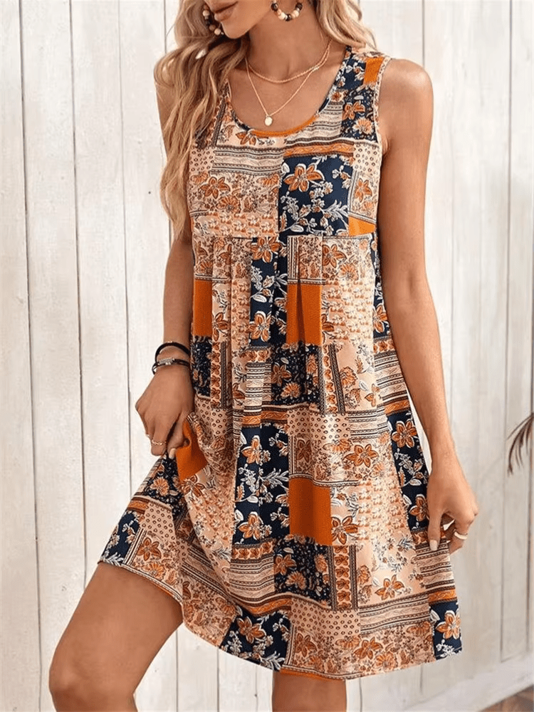 Women's Boho Patchwork Print Mini Dress – Round Neck Sleeveless Summer