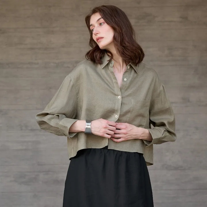 Women's 100% Linen Cropped Oversized Shirt – Long Sleeve