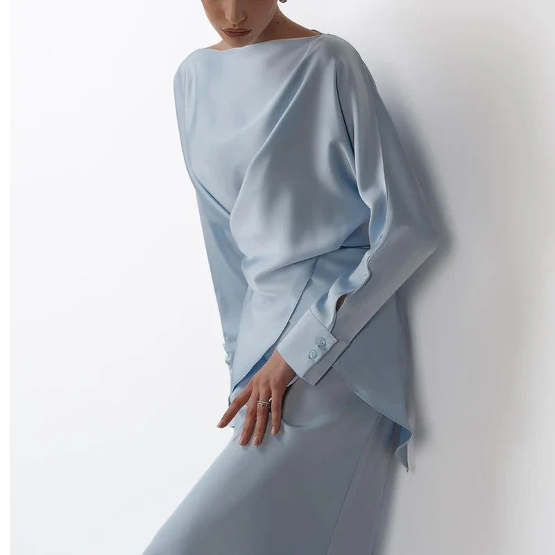 Satin Two Piece Set – Women's Long Sleeve Top & Floor-Length Skirt