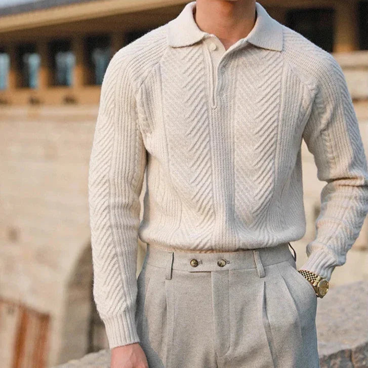 Men's Soft Knit Long Sleeve Polo Shirt Slim Fit – Woven Pattern