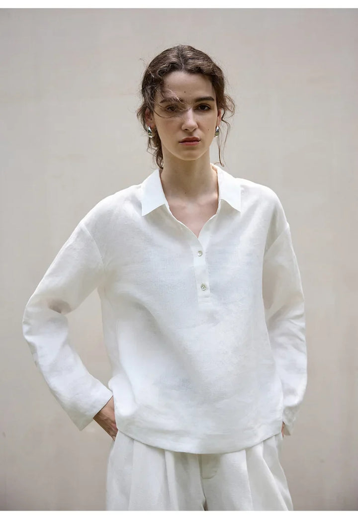 Women's 100% Linen Polo Collar Pullover – Relaxed Oversized Fit