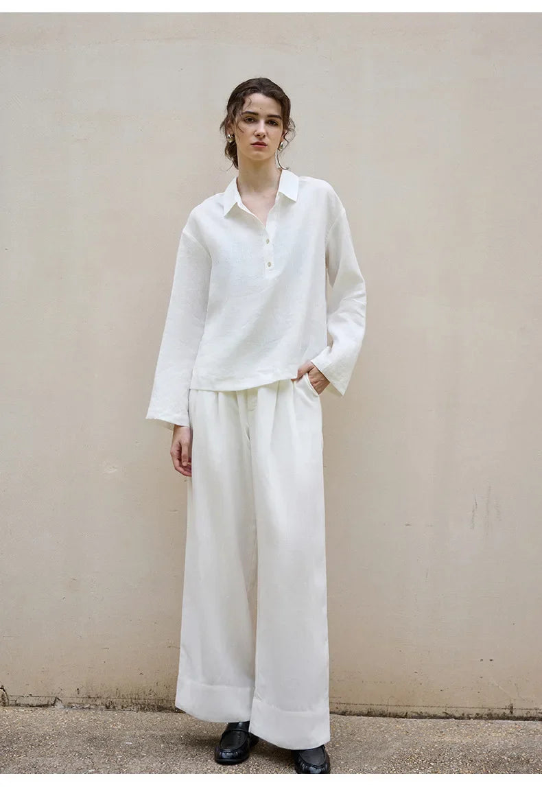 Women's 100% Linen Polo Collar Pullover – Relaxed Oversized Fit
