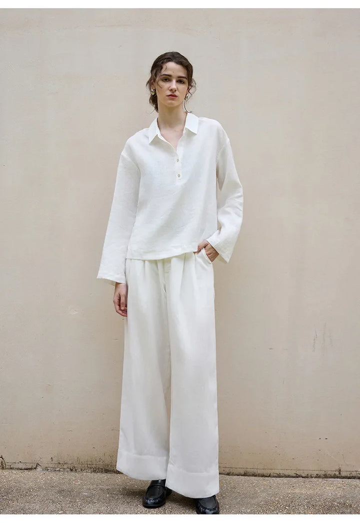 Women's 100% Linen Polo Collar Pullover – Relaxed Oversized Fit