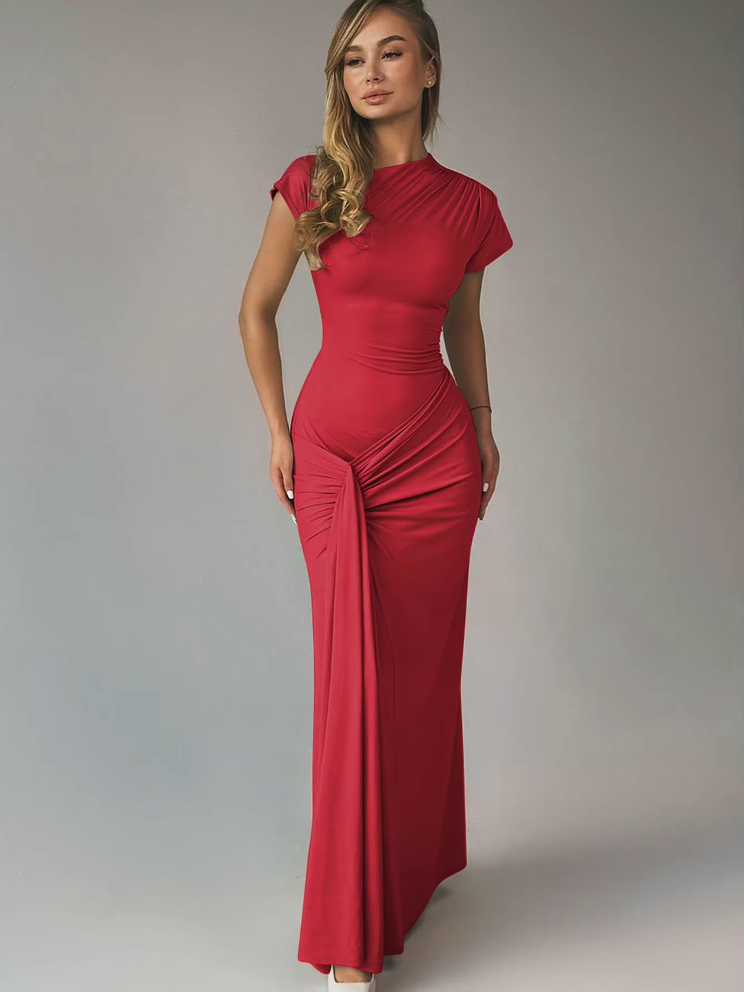 Maxi Dress – Asymmetric Neckline, Lace-Up Back Slim Fit for Women