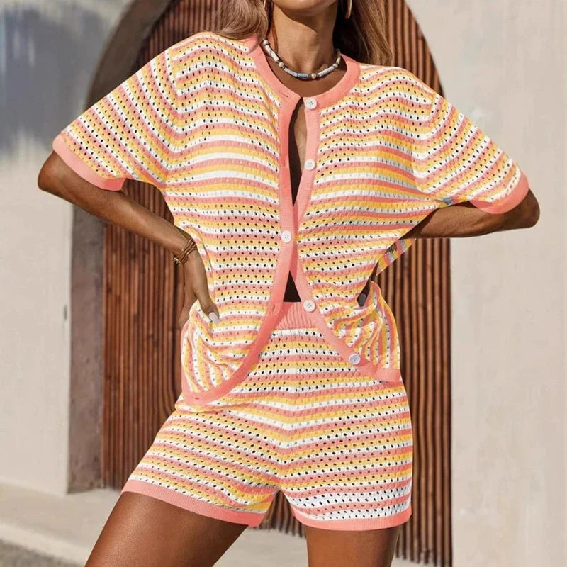 Women's Two Piece Knit Striped Cardigan & Shorts Set