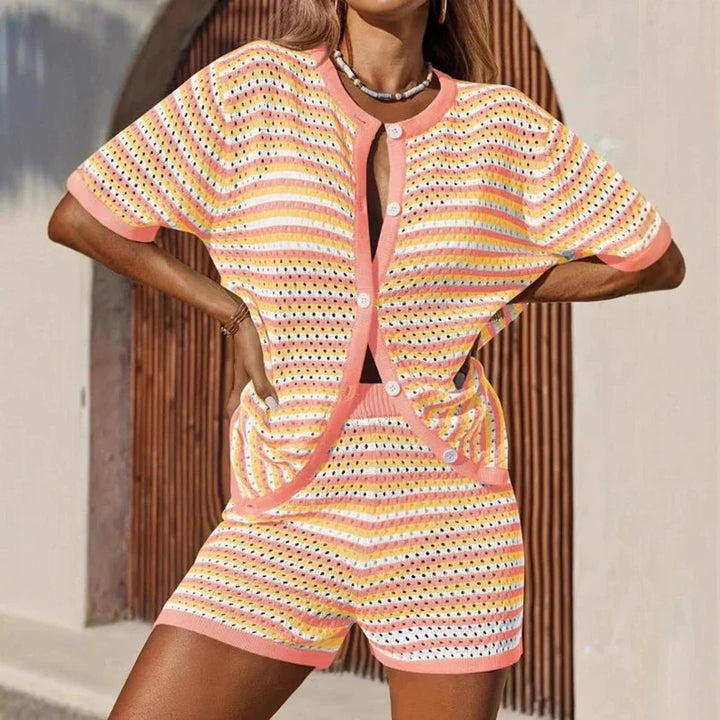 Women's Two Piece Knit Striped Cardigan & Shorts Set