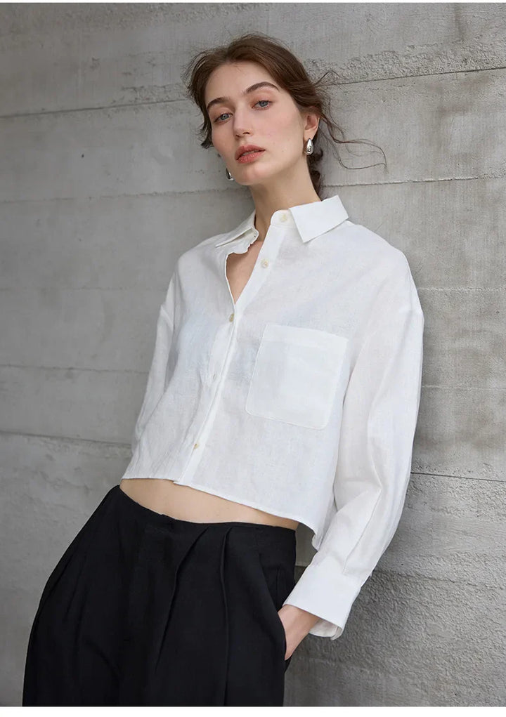 Women's 100% Linen Cropped Oversized Shirt – Long Sleeve