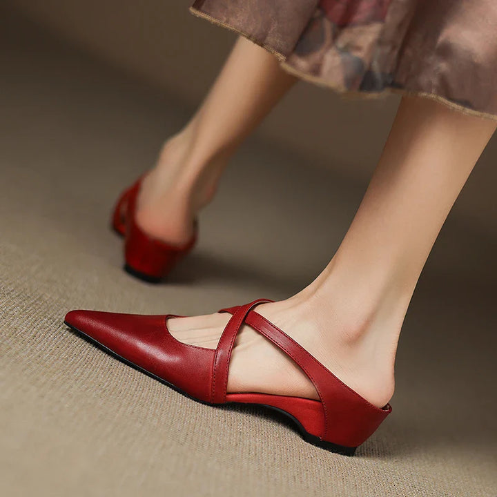 Women's Genuine Leather Cross-Strap Pointed Toe Mules – Low Wedge