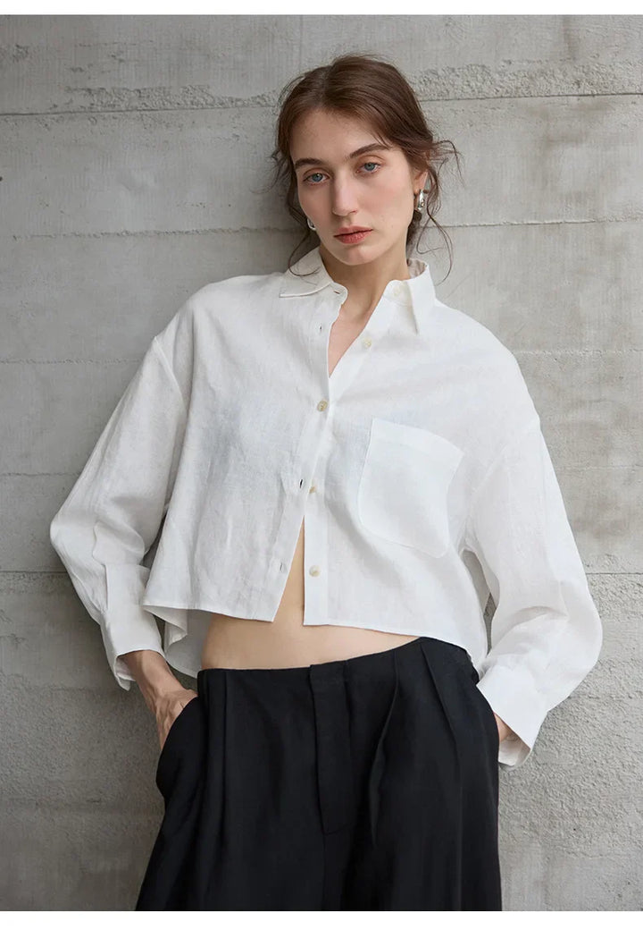 Women's 100% Linen Cropped Oversized Shirt – Long Sleeve