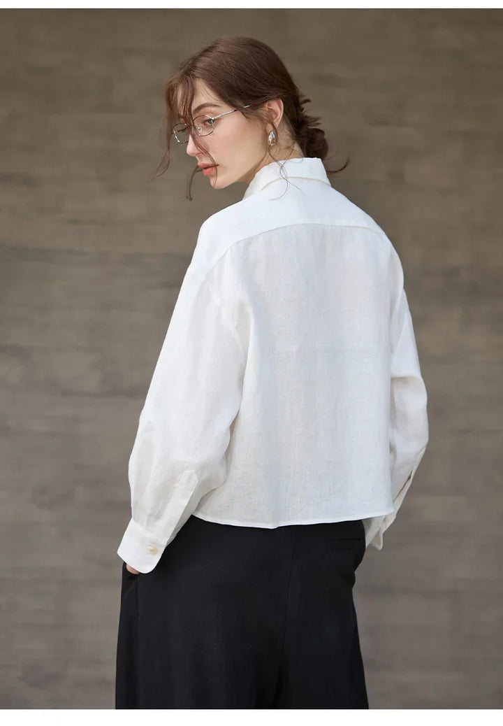 Women's 100% Linen Cropped Oversized Shirt – Long Sleeve