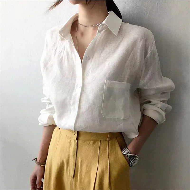 Women's Soft Linen Blend Open Collar Shirt – Relaxed Oversized Fit