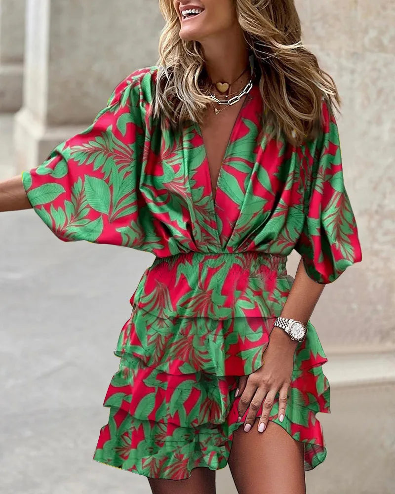 Women's Boho Printed Ruffle Mini Dress V-Neck – Tiered Summer
