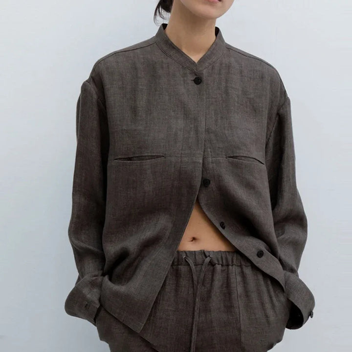 Women's Linen Longline Jacket Stand Collar – Horn Buttons