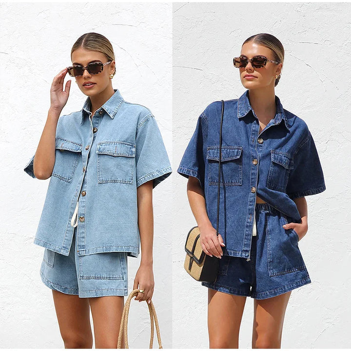 Women's Cotton Denim Two-Piece Set – Button-Down Top Drawstring Shorts