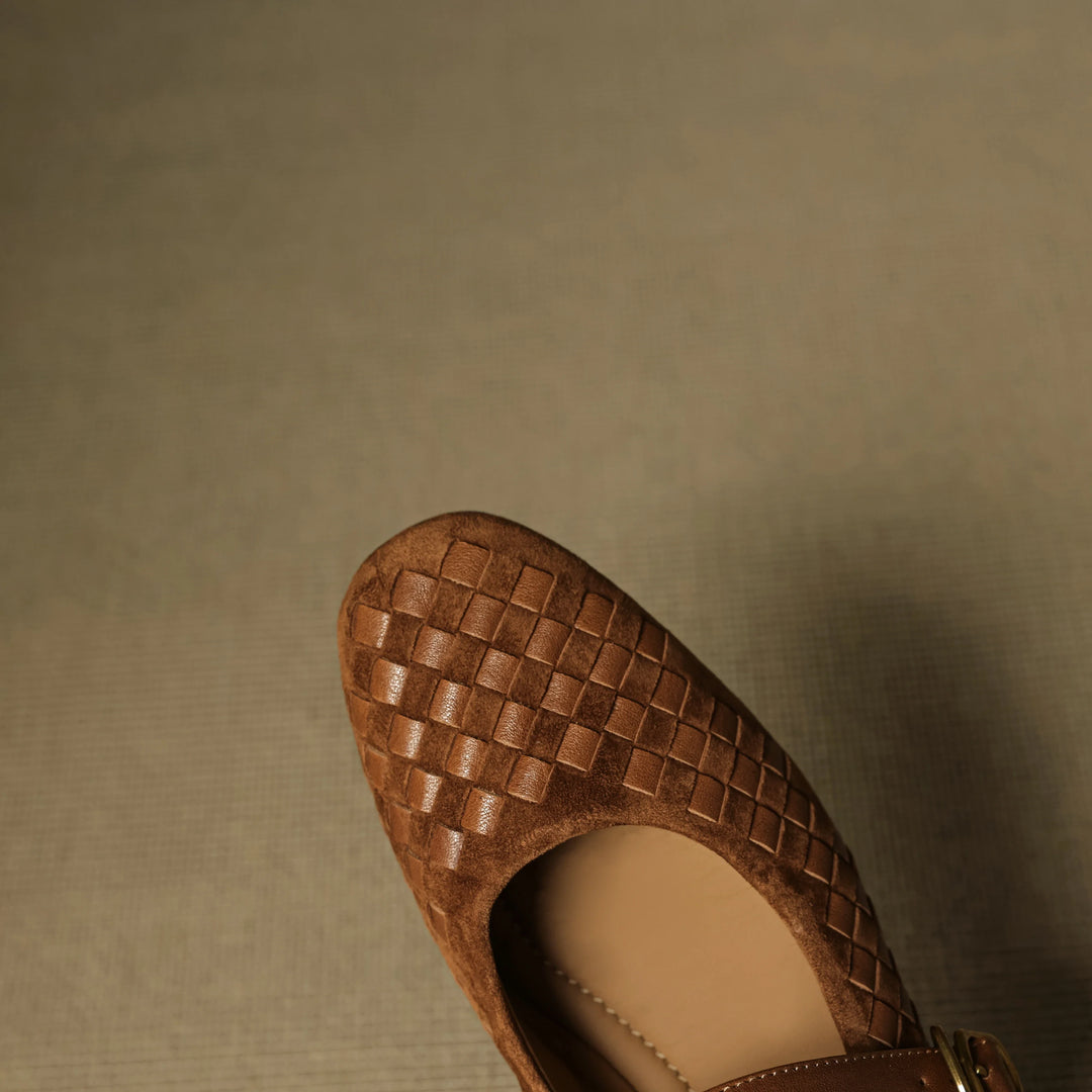 Women's Sheepskin Woven Mary Jane Shoes Diamond Pattern – Block Heel