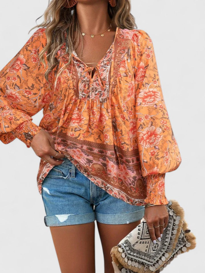 Women's Boho Floral Peasant Top V-Neck – Long Sleeve Gathered Summer