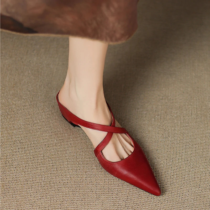 Women's Genuine Leather Cross-Strap Pointed Toe Mules – Low Wedge
