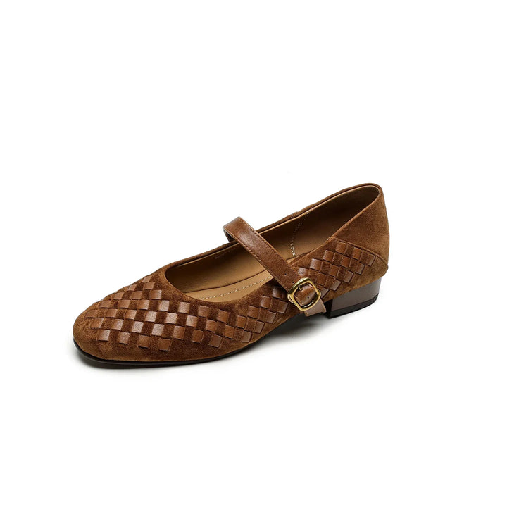 Women's Sheepskin Woven Mary Jane Shoes Diamond Pattern – Block Heel