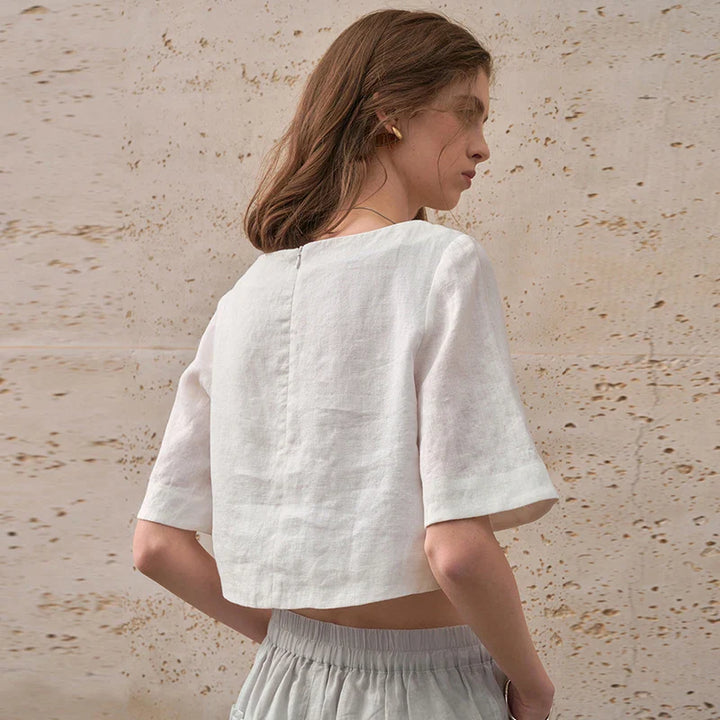 Women's 100% Linen Boxy Crop Top – Round Neck Half Sleeve