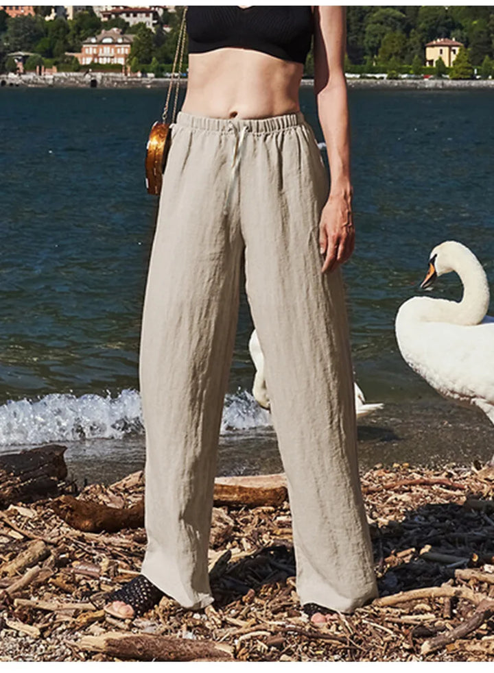 Women's Linen Wide Leg Pants – Low-Rise Elastic Drawstring Waist