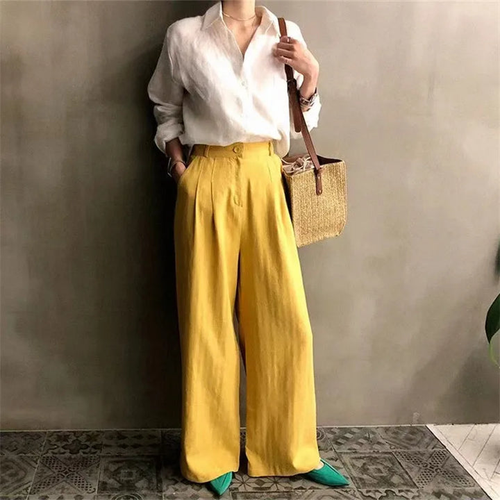 Women's Soft Linen Blend Open Collar Shirt – Relaxed Oversized Fit