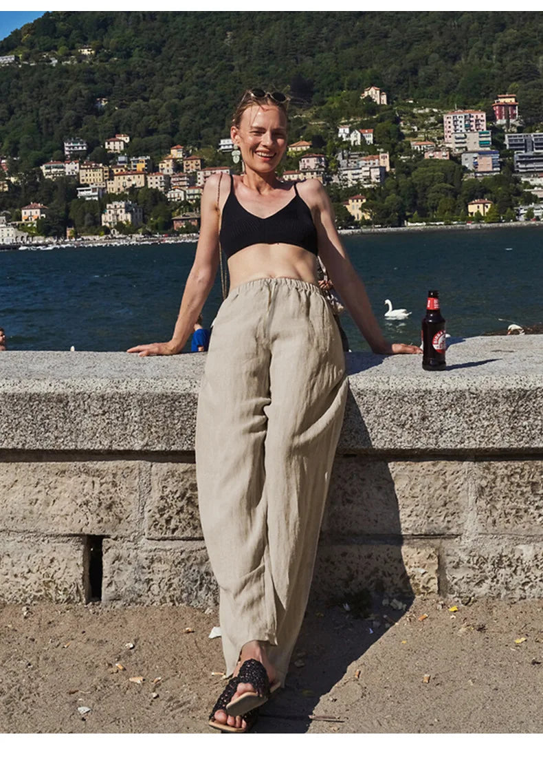 Women's Linen Wide Leg Pants – Low-Rise Elastic Drawstring Waist