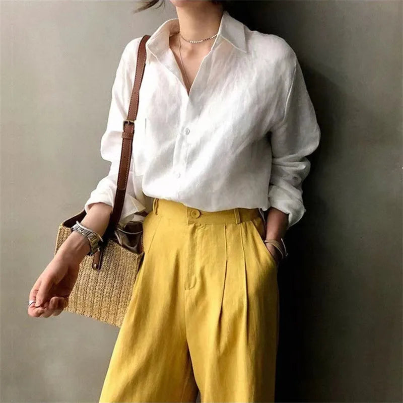 Women's Soft Linen Blend Open Collar Shirt – Relaxed Oversized Fit