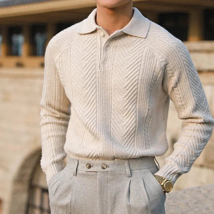 Men's Soft Knit Long Sleeve Polo Shirt Slim Fit – Woven Pattern