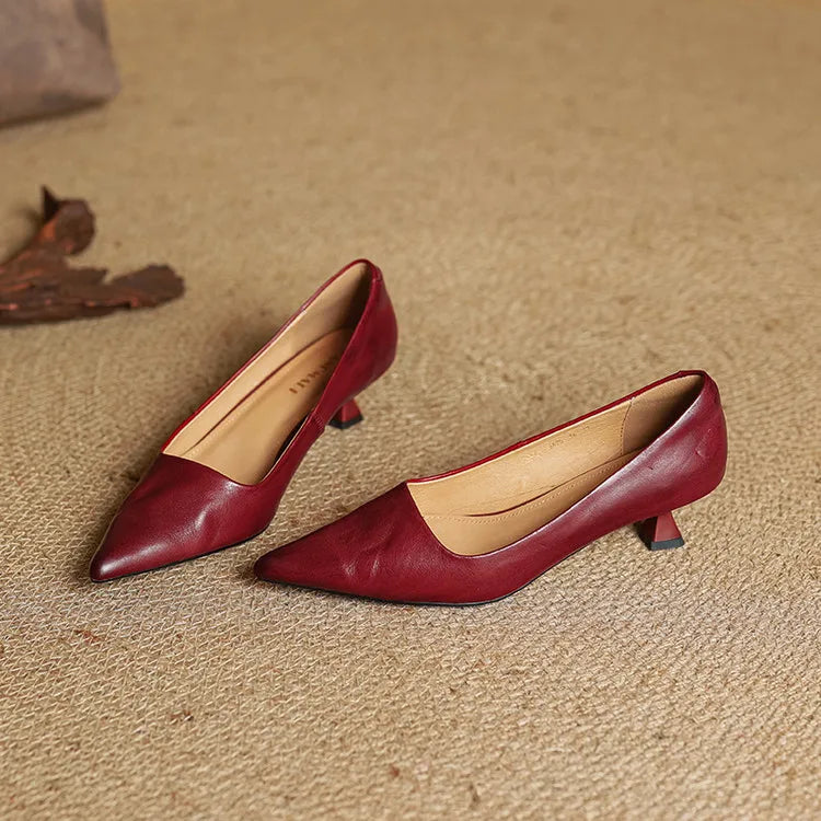 Women's Leather Pointed Toe Kitten Heel Pumps – Foam Padded Insole