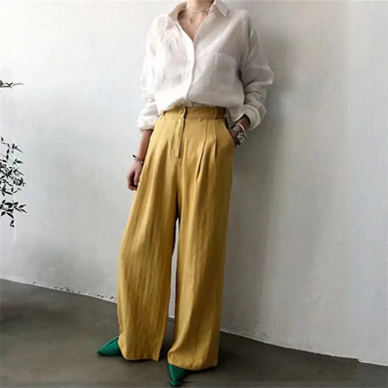 Women's Soft Linen Blend Open Collar Shirt – Relaxed Oversized Fit