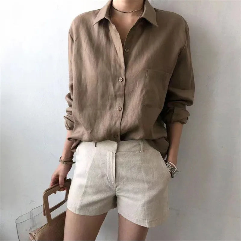 Women's Soft Linen Blend Open Collar Shirt – Relaxed Oversized Fit