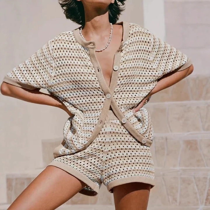 Women's Two Piece Knit Striped Cardigan & Shorts Set