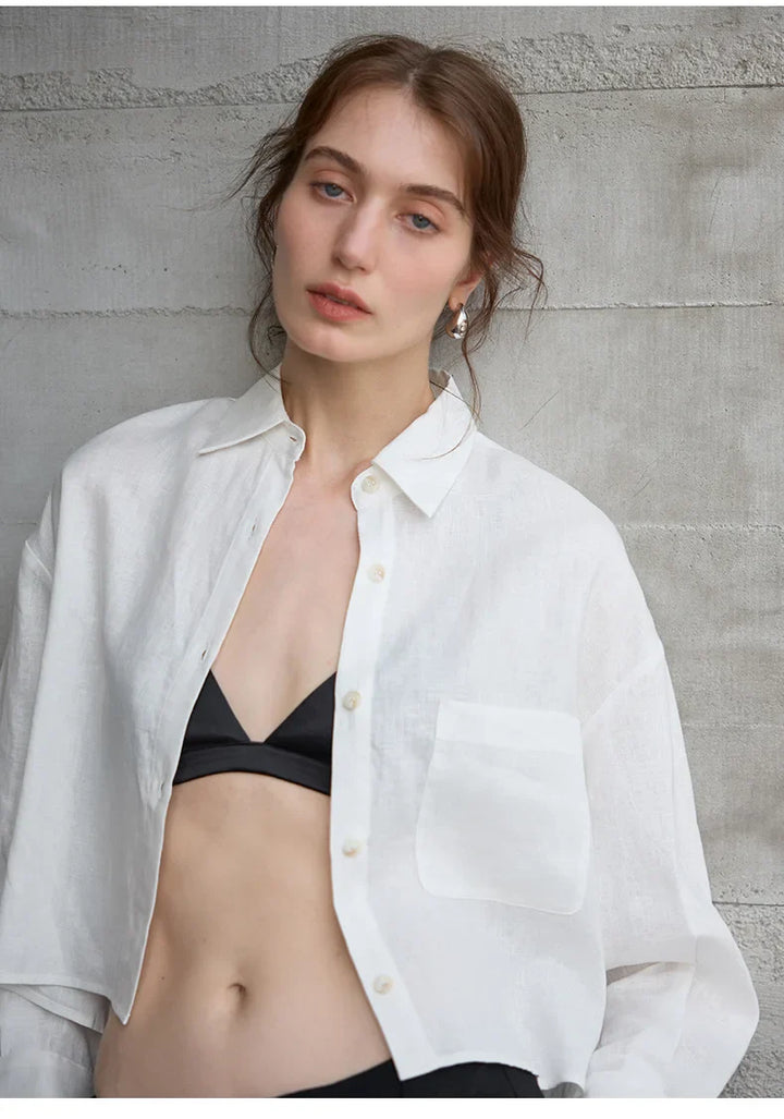 Women's 100% Linen Cropped Oversized Shirt – Long Sleeve