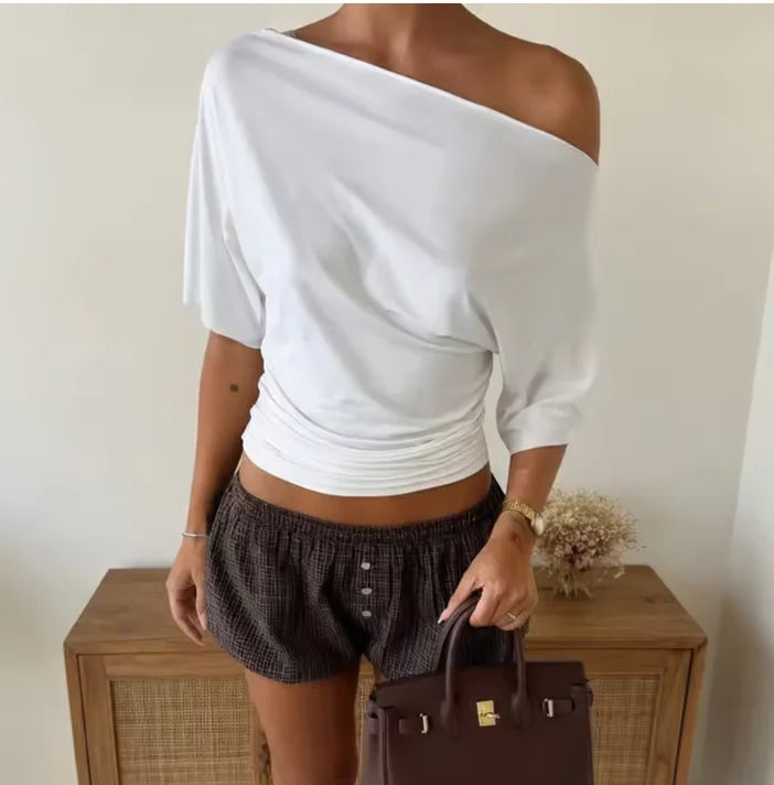 One Shoulder Crop Top – Asymmetric Short Sleeve Women's Fit