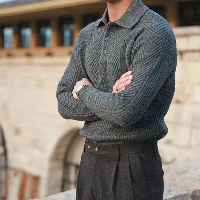 Men's Soft Knit Long Sleeve Polo Shirt Slim Fit – Woven Pattern