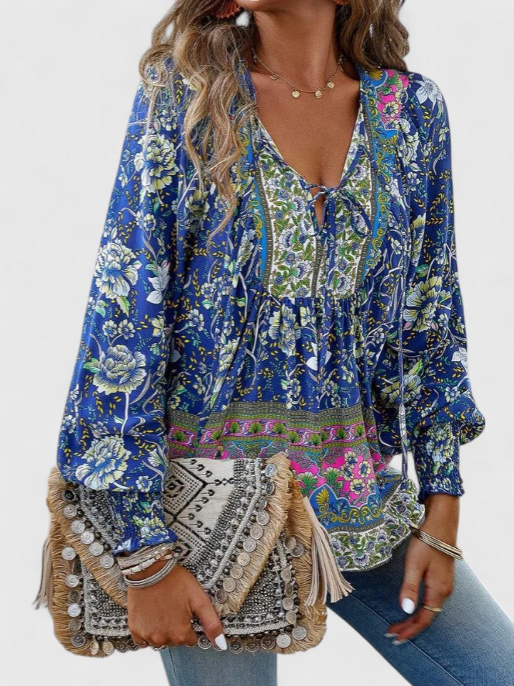 Women's Boho Floral Peasant Top V-Neck – Long Sleeve Gathered Summer