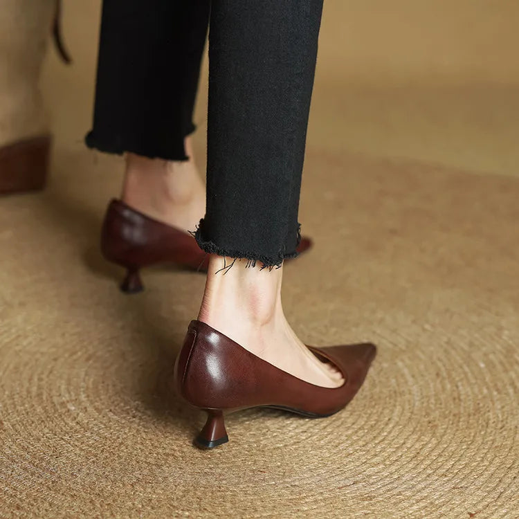 Women's Leather Pointed Toe Kitten Heel Pumps – Foam Padded Insole