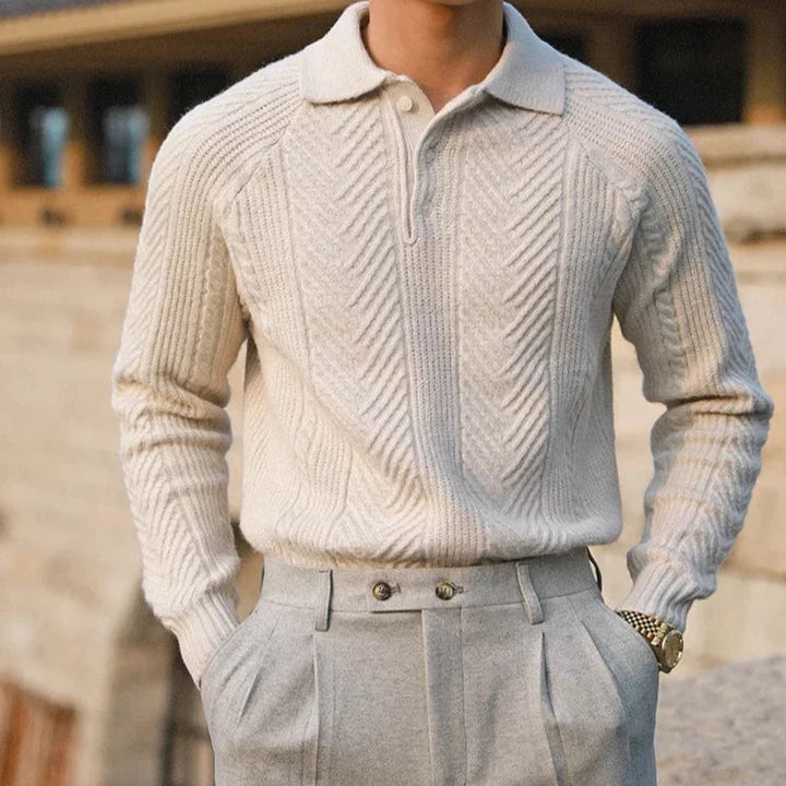 Men's Soft Knit Long Sleeve Polo Shirt Slim Fit – Woven Pattern