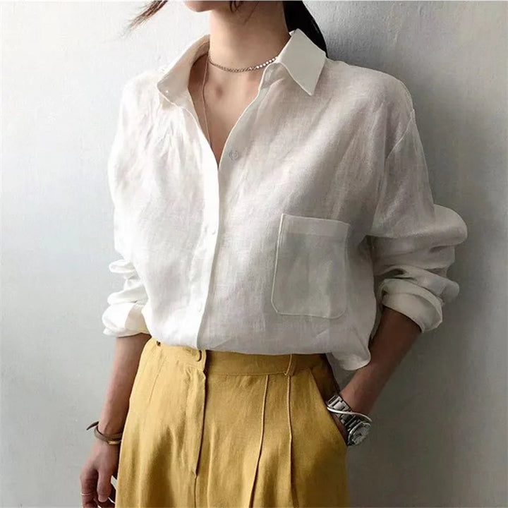 Women's Soft Linen Blend Open Collar Shirt – Relaxed Oversized Fit