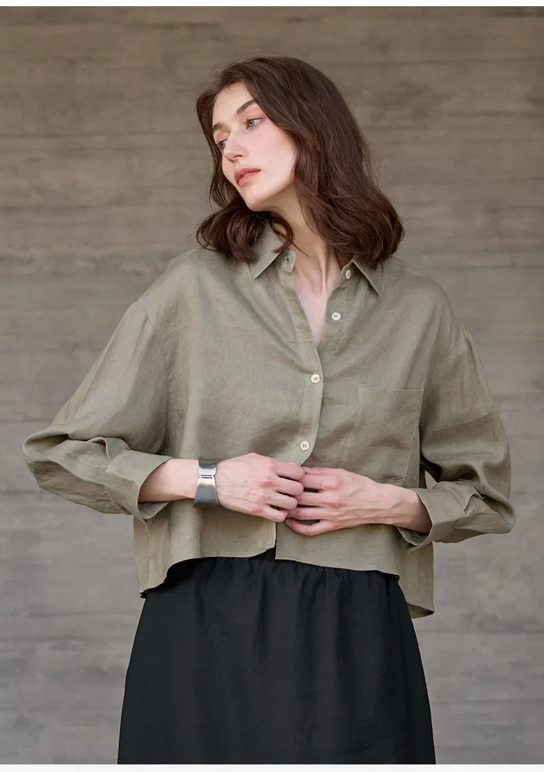 Women's 100% Linen Cropped Oversized Shirt – Long Sleeve