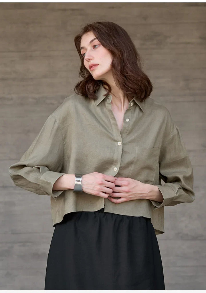 Women's 100% Linen Cropped Oversized Shirt – Long Sleeve