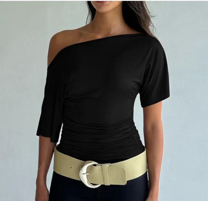 One Shoulder Crop Top – Asymmetric Short Sleeve Women's Fit