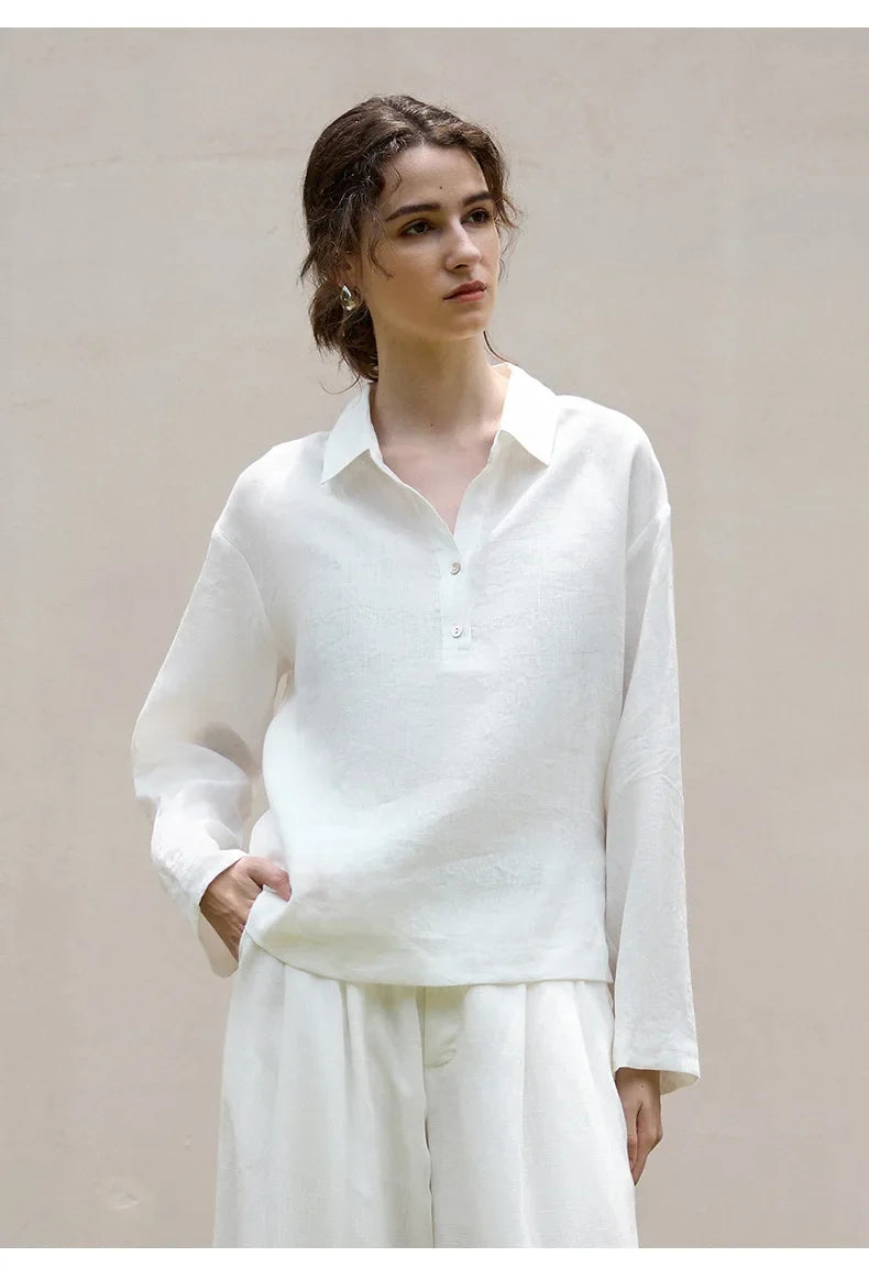 Women's 100% Linen Polo Collar Pullover – Relaxed Oversized Fit