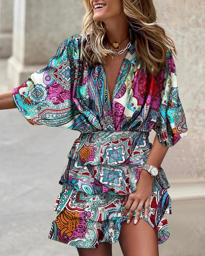 Women's Boho Printed Ruffle Mini Dress V-Neck – Tiered Summer